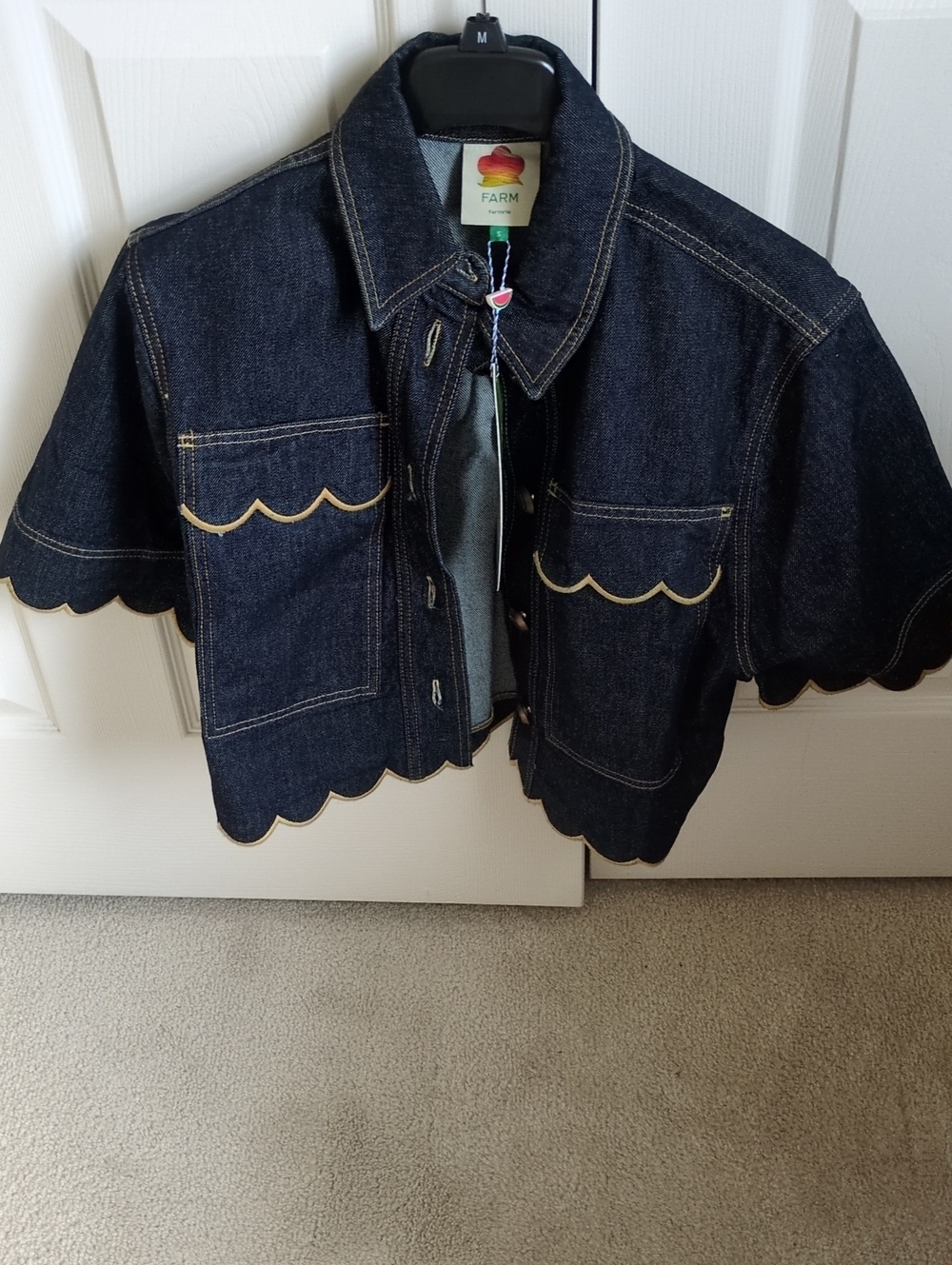 NWT - FARM Rio Dark Blue Denim Scalloped Edge Cropped Jacket